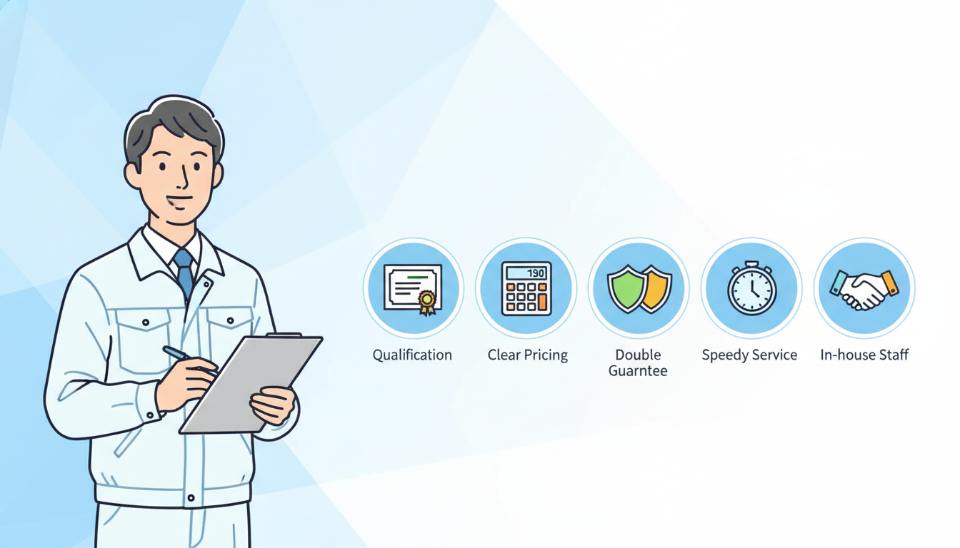 笑顔でクリップボードとペンを持っている清潔感のある作業着姿の男性スタッフの横に、「資格証」「電卓（明朗会計）」「保証書（W保証）」「時計（スピード対応）」「握手（自社スタッフ）」を象徴する5つの丸いア