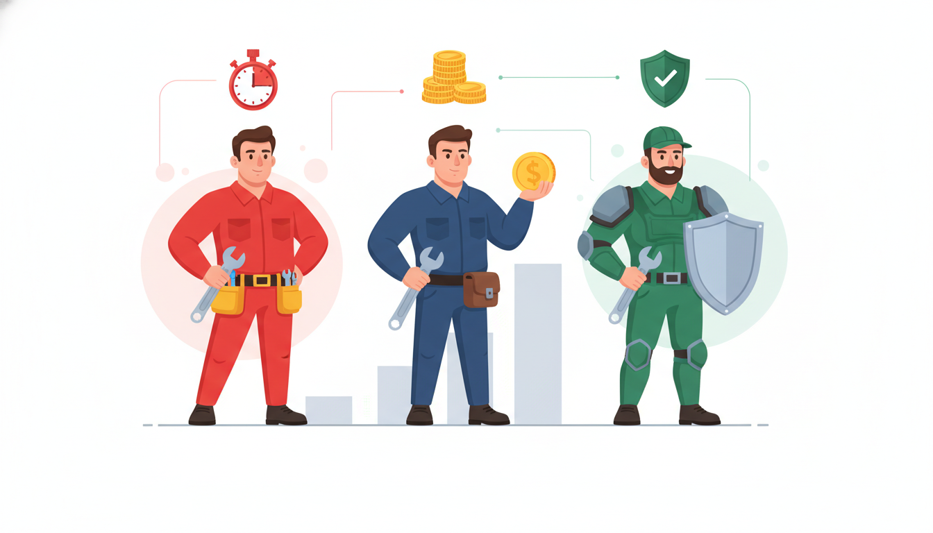 3つの異なる色の制服を着た給湯器修理業者のキャラクターが並んで立っている比較図解のイラスト。それぞれの頭上に、スピード重視、価格重視、保証重視などの特徴を表すアイコン（ストップウォッチ、コイン、盾のマ