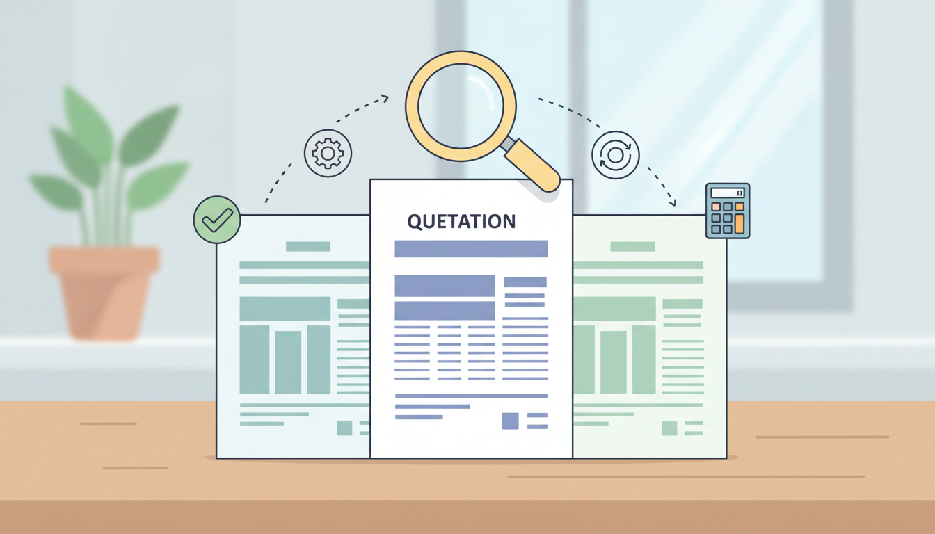 机の上に複数の見積書を並べて比較検討している様子を示す概念的なイラスト。書類の上に虫眼鏡のアイコンやチェックマーク、電卓などが描かれており、複数の業者をしっかり見極める「相見積もり」や「注意深さ」を視