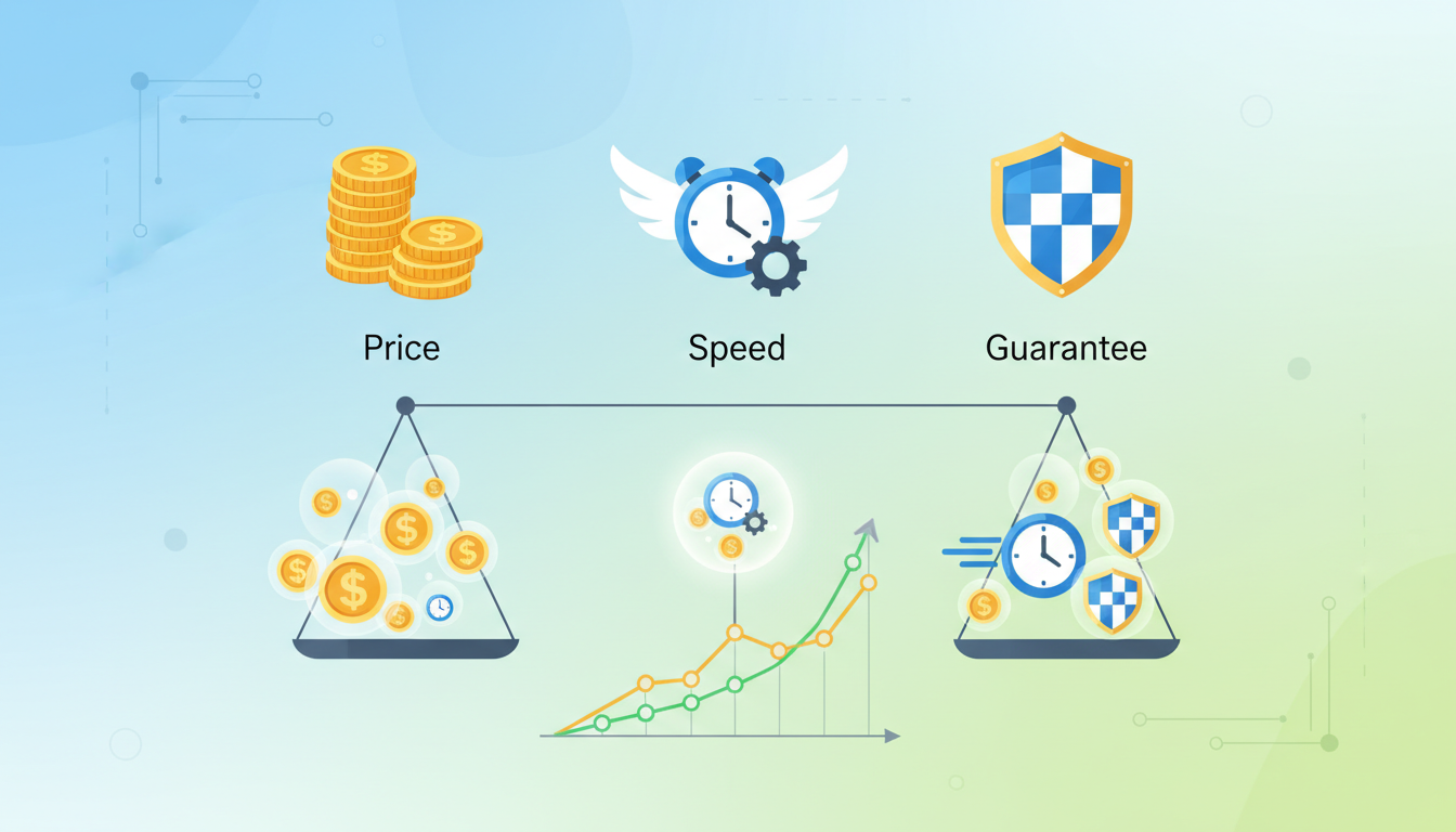 料金、スピード、保証の3つの要素を、コイン、時計、盾のアイコンを用いて比較している概念的なイラスト。複数の選択肢から最もバランスの良いものを選ぶ様子を、グラフや天秤を使って視覚的に分かりやすく表現した