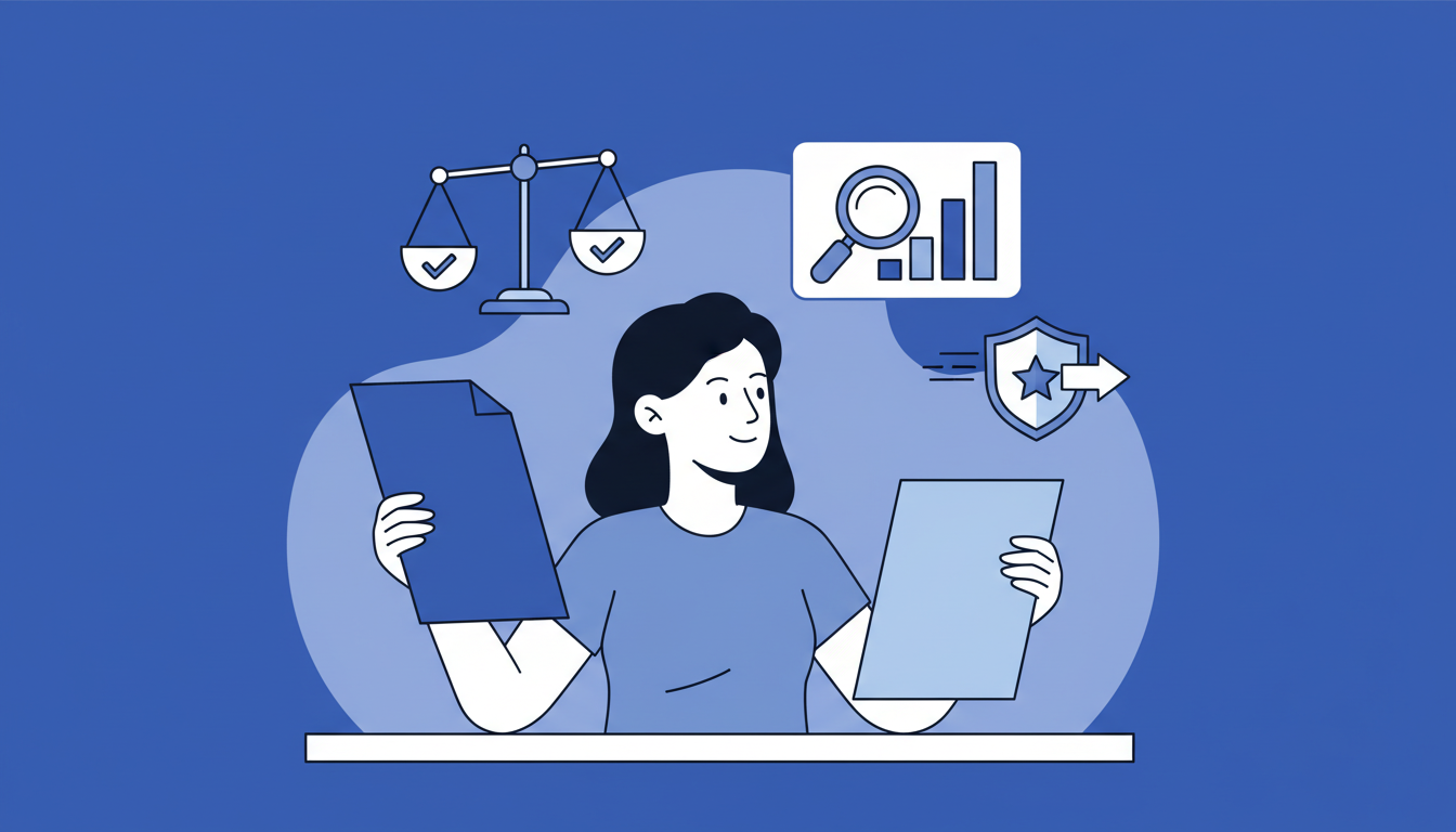 2つの書類やプランを見比べて、真剣に比較検討している女性のイラスト。背景には「価格」「スピード」「保証」などの比較項目を連想させる天秤や虫眼鏡のアイコンが浮かんでいる。シンプルで分かりやすいベクターア