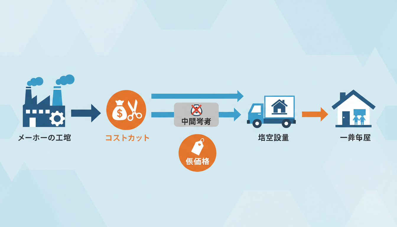 コスト削減の仕組みを視覚的に説明するフラットデザインのインフォグラフィック。メーカーの工場から、中間業者を通さずに直接トラックで一般家庭へ住宅設備が届けられる流れを矢印で示している。途中にお金のアイコ