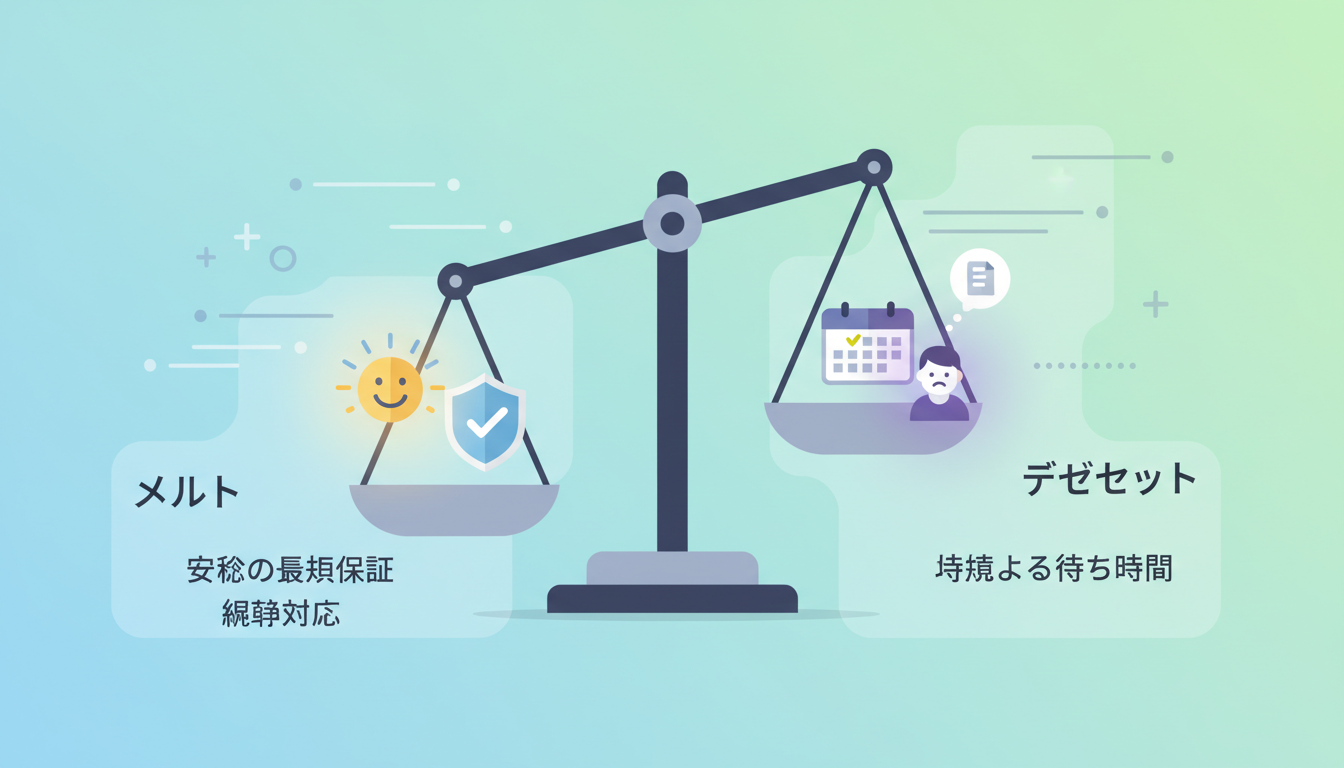 メリットとデメリットを天秤にかけて比較している概念的なイラスト。左側には「安心の長期保証」や「迅速な対応」を象徴する笑顔のアイコンや輝くエフェクト、右側には「時期による待ち時間」などを象徴するカレンダ