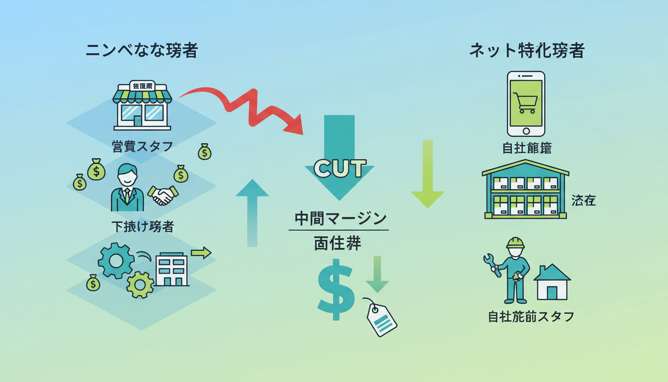 業者のコスト構造の違いを比較した、分かりやすいインフォグラフィック風のイラスト。左側は「一般的な業者」として実店舗（ショールーム）や営業スタッフ、下請け業者の存在などコストがかかる要素を描き、右側は「