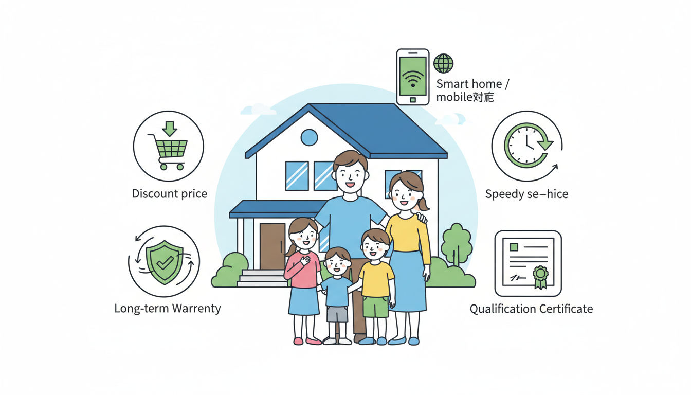 家の前に安心した表情で立つ家族の周りに、割引価格、長期保証、時計（スピード対応）、資格証、スマートフォンの5つのアイコンが浮かんでいるポップで分かりやすいインフォグラフィック風のイラスト、清潔感のある