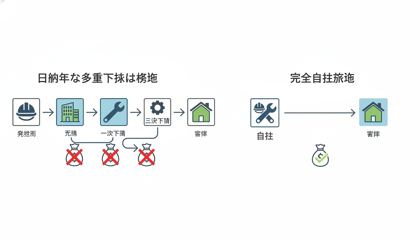 一般的な多重下請け構造（業者から別の業者へ矢印が複数続く）と、完全自社施工（自社から顧客へ直接繋がる矢印）の仕組みを比較するわかりやすい図解イラスト。無駄なコストがカットされていることが直感的にわかる