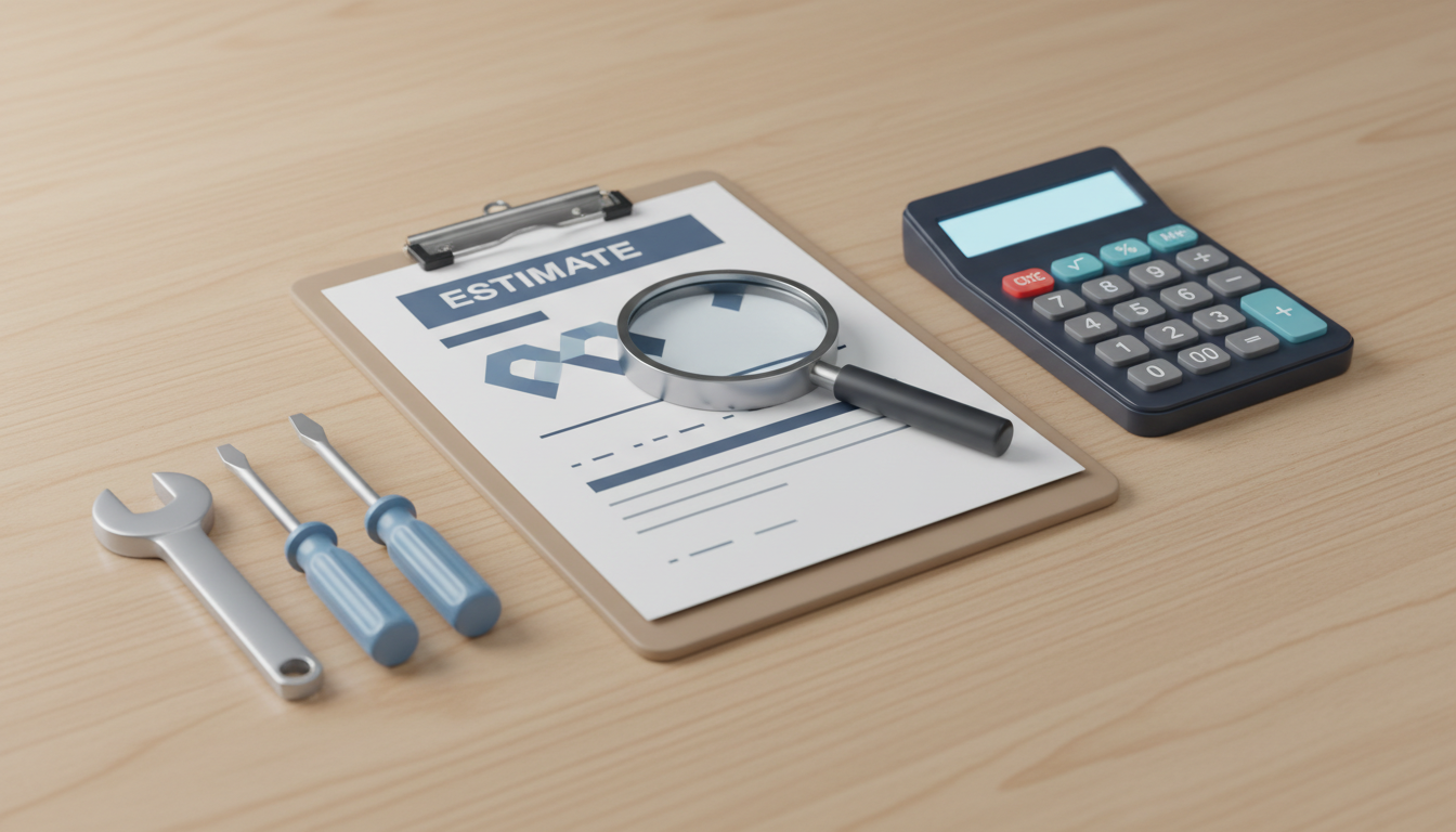 修理費用の相場や見積もりを視覚的に表現した概念的な3Dイラスト。明るい木目のデスクの上に、クリップボードに挟まれた書類（見積書を模したデザイン）、スタイリッシュな電卓、そして清潔感のあるスパナやドライ