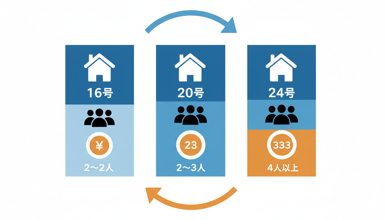 給湯器の号数（16号、20号、24号）と、それぞれに適した家族の人数（1〜2人、2〜3人、4人以上）のバランスを比較している分かりやすい図解イラスト。家のアイコンと家族のシルエット、円形のお金のアイコ
