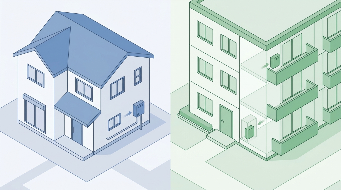 戸建て住宅とマンションの建物を並べたアイソメトリック（等角投影）イラスト。それぞれの建物に対して、給湯器の代表的な設置場所（戸建ては外壁、マンションはベランダや玄関横のパイプシャフト内）を視覚的に分か