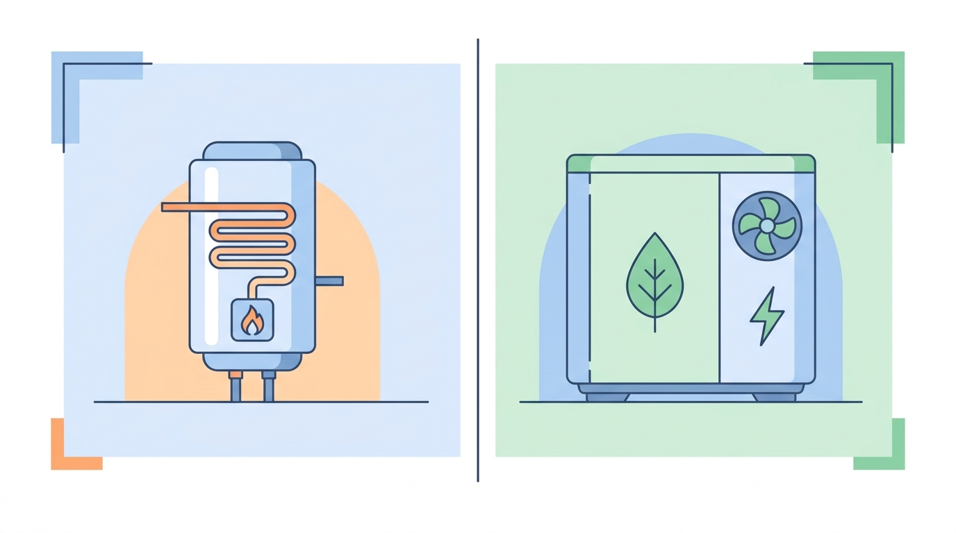 An informative conceptual illustration comparing two types of water heating systems. On the left, a 