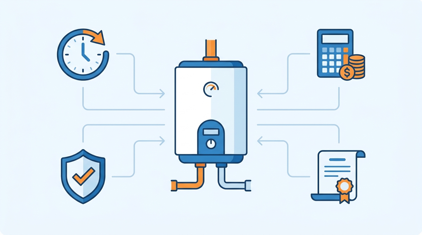 給湯器の交換業者を選ぶ際の重要なチェックポイントを視覚的に表したインフォグラフィック風のイラスト。中央に清潔な給湯器のイラストを配置し、その周囲に「時計（対応スピード）」「電卓とコイン（明確な料金）」