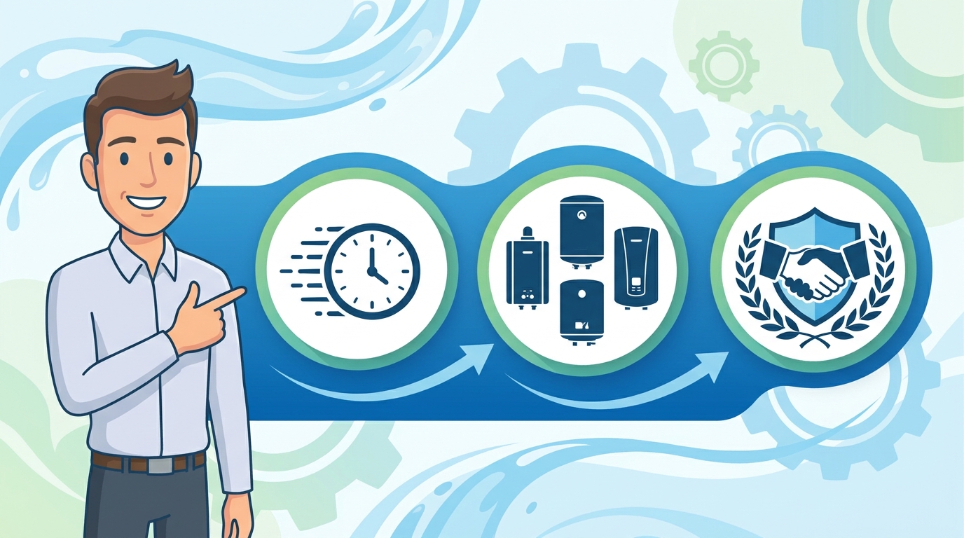 給湯器交換業者を選ぶ際の重要な「3つのポイント」を視覚的にまとめた図解イラスト。「対応スピード」「機能や種類」「実績と信頼性」を示すアイコン（時計、給湯器のバリエーション、握手や盾のマークなど）が並ん
