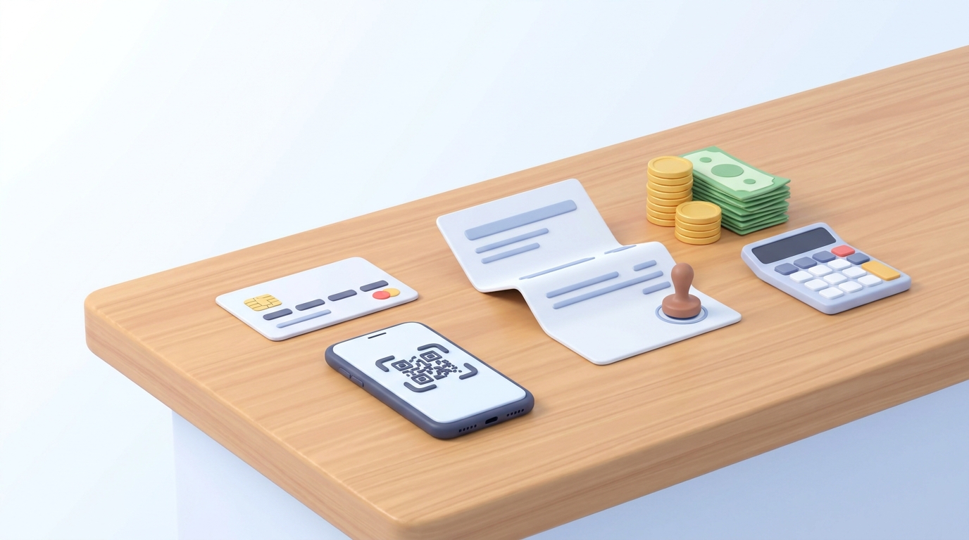 クレジットカード、スマートフォン(QRコード決済)、紙の請求書(後払い)、現金、電卓など、様々な決済手段をモチーフにした高品質な3Dアイコンがテーブルの上に並べられているイラスト。背景は明るくクリーン
