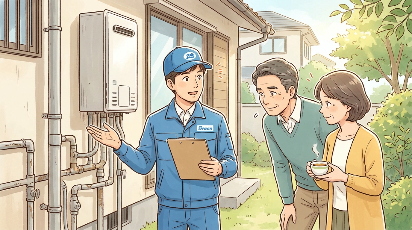 戸建て住宅の外で、清潔感のある作業服を着た専門スタッフが給湯器の配管付近を確認し、クリップボードを見せながら住人の夫婦に説明しているイラスト。スタッフは追加工事の必要性について丁寧に説明しており、住人