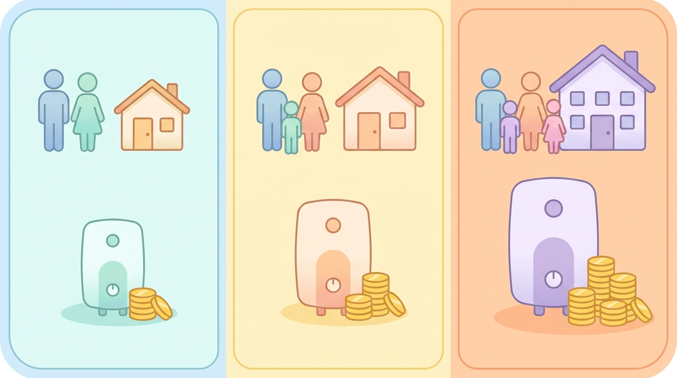 給湯器のサイズと世帯人数の目安を視覚的に比較するインフォグラフィック風のイラスト。画面が3つのセクションに分かれている。左側には「単身〜2人」を示す1〜2人の人物アイコンと小さめの家のイラスト、中央に