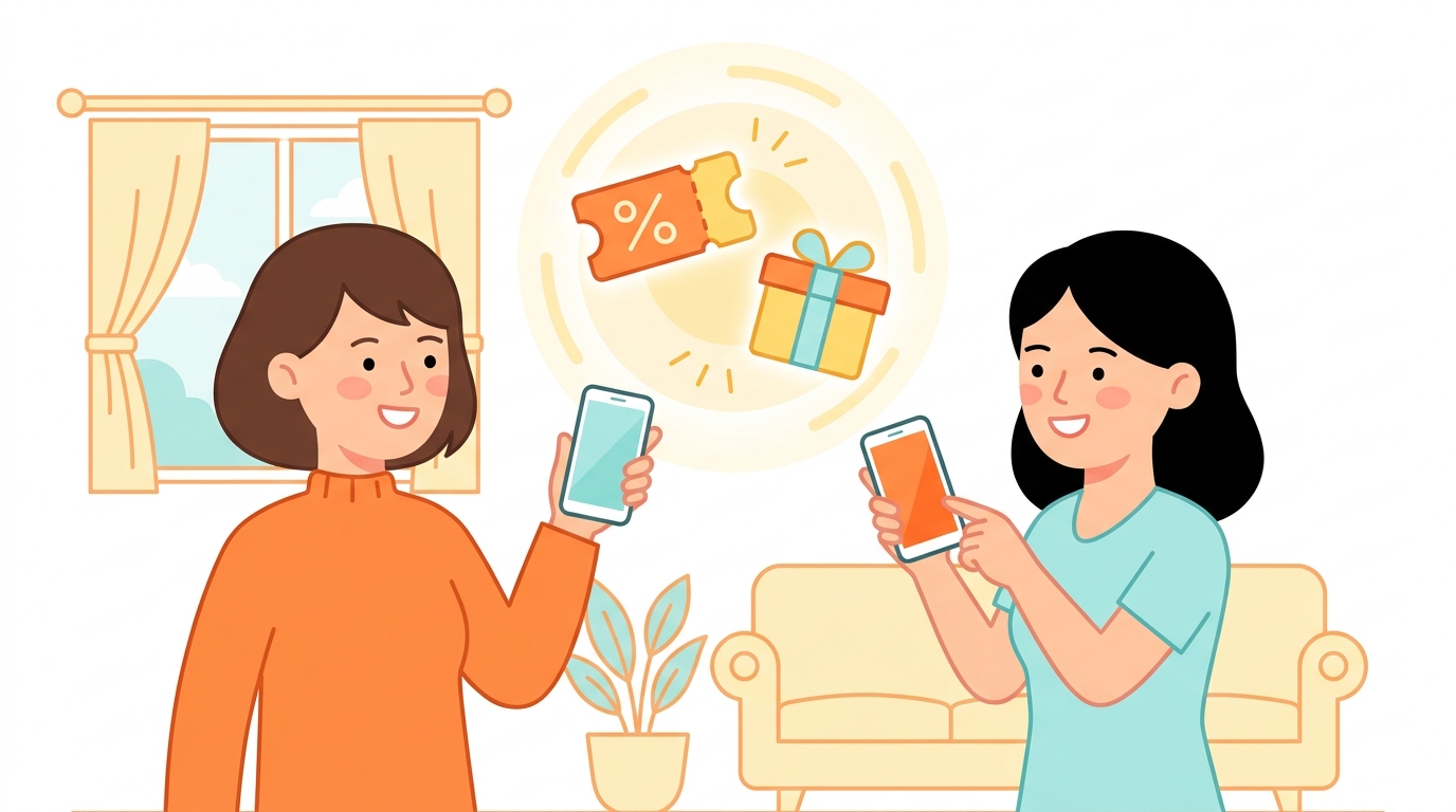 2人の女性が笑顔でスマートフォンの画面を見せ合っているフラットデザインのイラスト。2人の間には割引チケットとギフトボックスのアイコンが光とともに浮かんでおり、友人紹介でお互いがお得になるキャンペーン制