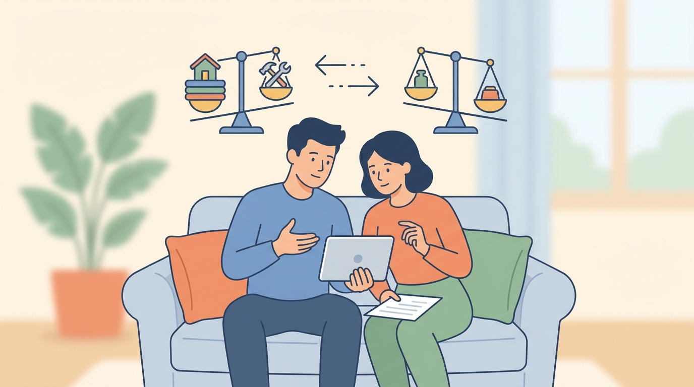 見積書やタブレットを見ながら、料金の内訳について確認している夫婦のイラスト。頭上には「工事費込みの総額」と「本体価格のみ」を示す2つの料金表示を天秤にかけて比較しているようなアイコンが浮かんでいる。見