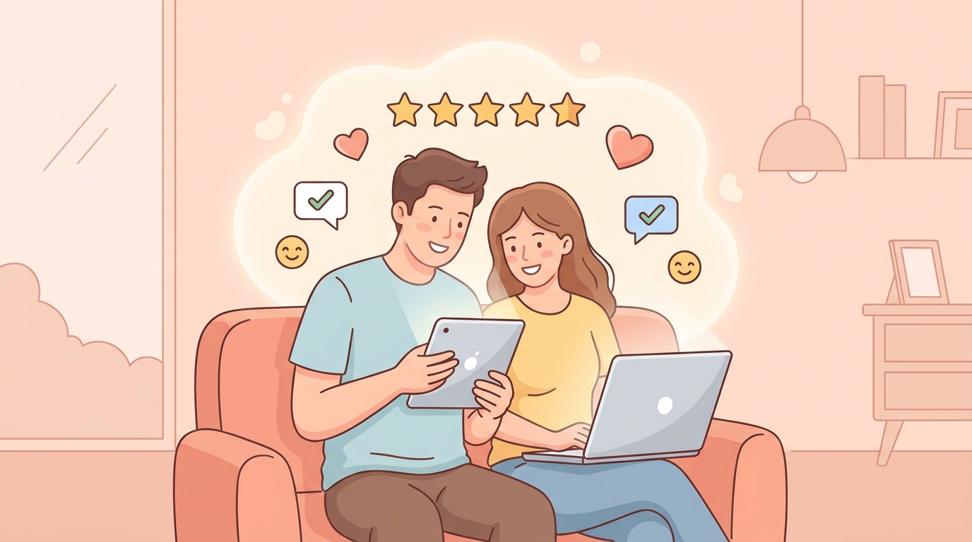 スマートフォンやパソコンの画面を見ながら、安心した表情で笑顔を見せている夫婦のイラスト。周囲には良い評価を表す星マーク（★★★★★）や吹き出しのアイコンが飛んでおり、口コミやレビューを調べて納得してい