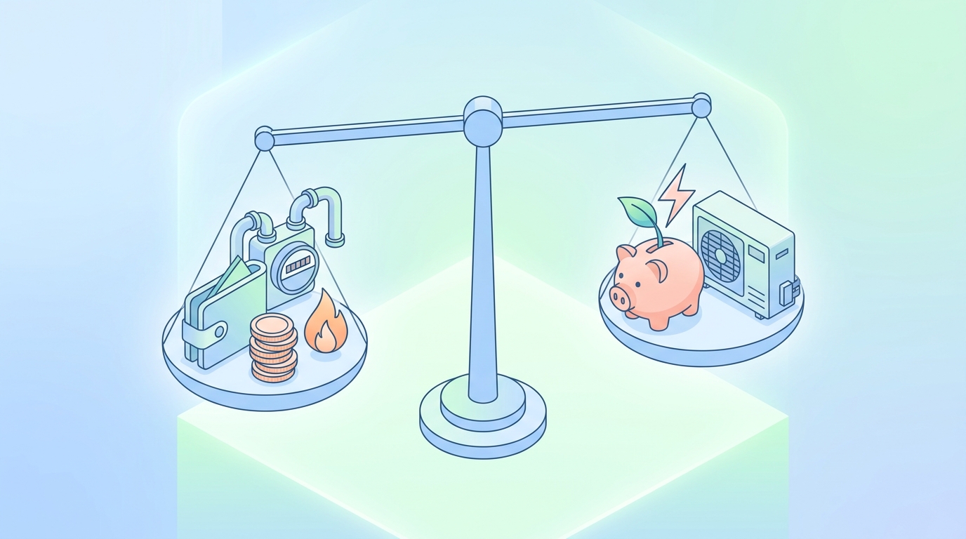 ガス給湯器とエコキュートの特徴を比較する概念的なイラスト。左側には初期費用の安さを表すお財布とガスの炎のアイコン、右側には長期的なランニングコストの安さとエコを表す豚の貯金箱と葉っぱ・電気のアイコンが