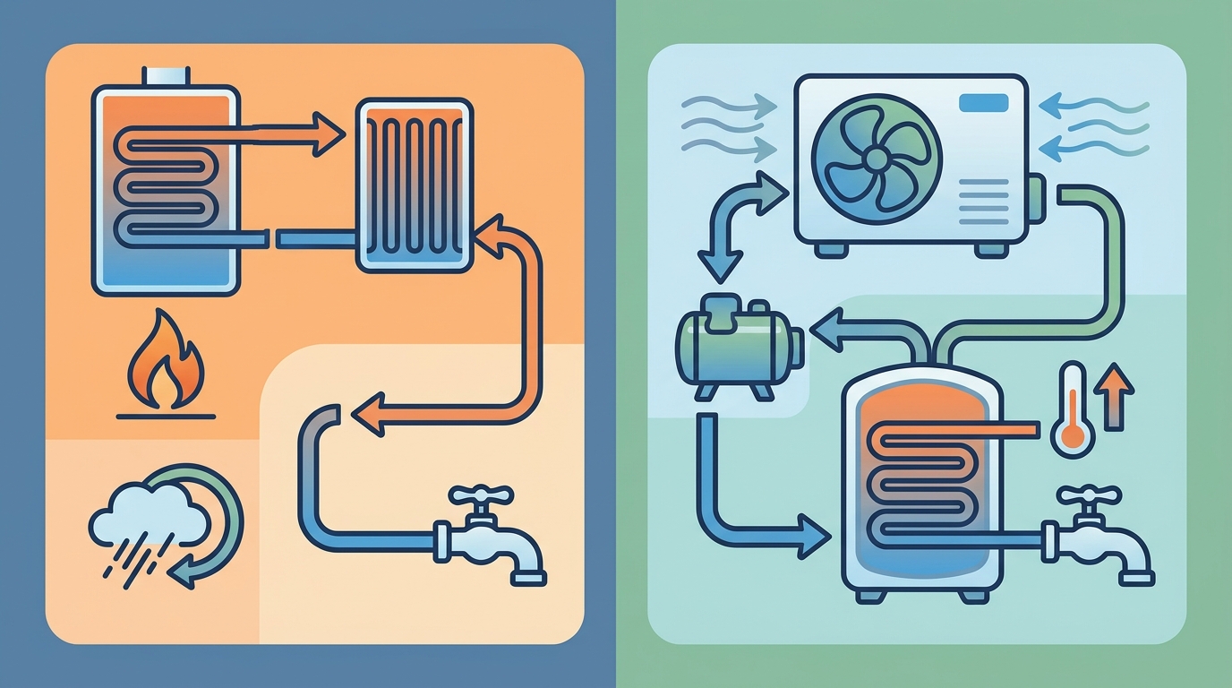 エコジョーズ(ガス)とエコキュート(電気)の仕組みの違いを分かりやすく比較した図解イラスト。左側には排気の熱を再利用してお湯を沸かすガスの仕組み、右側には空気中の熱を集めてお湯を沸かすヒートポンプの仕